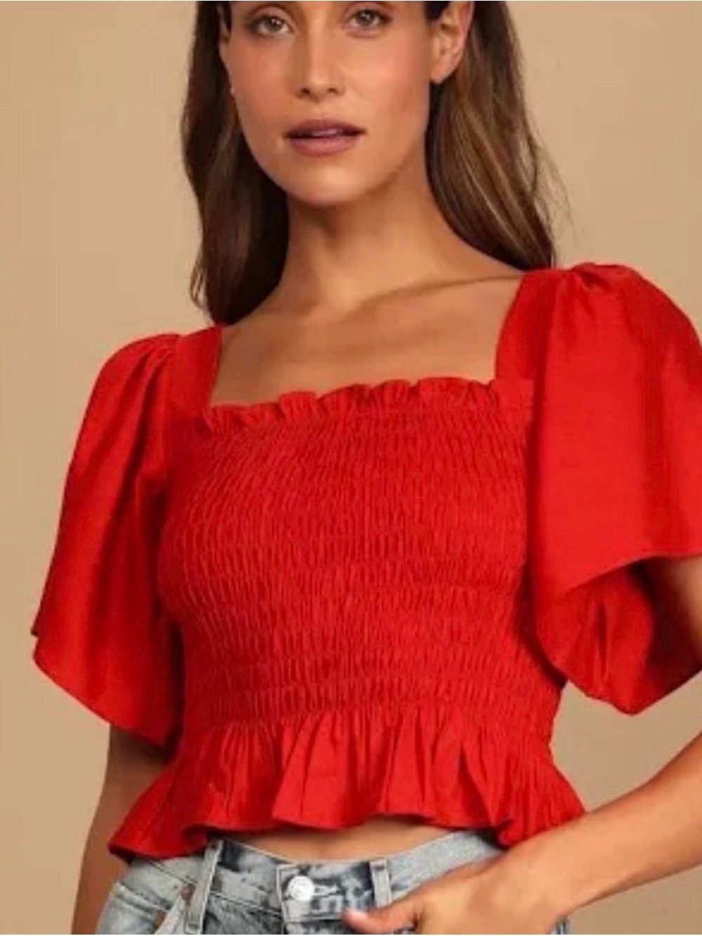 Lulu's Red Smocked Square-Neck Puff Sleeve Crop Top